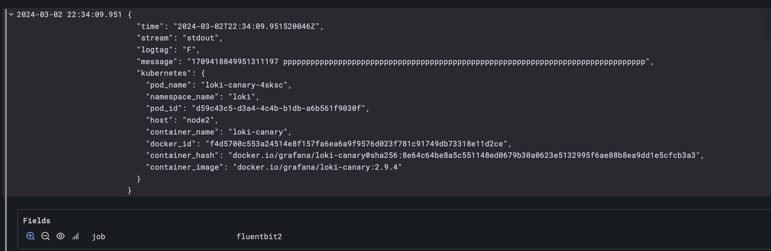 A picture of Grafana showing the Loki explore pane. A log message is visible, but with only the job=fluentbit2 label defined]