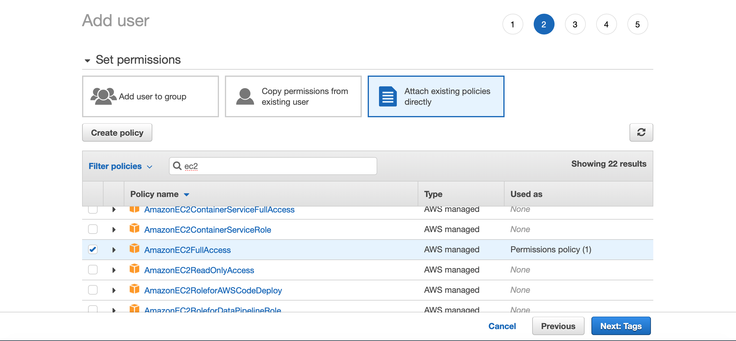 Attach the correct policy to IAM user